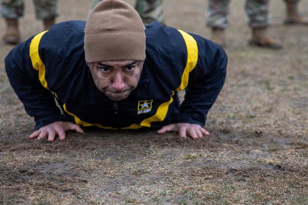 U.S. Army Reserve Sgt. German Martinez-Ortiz performs a hand-release push-up during the Army Combat Fitness Test event of the Army Reserve Medical Command Best Warrior Competition 2023 in Fort McCoy, Wisconsin.