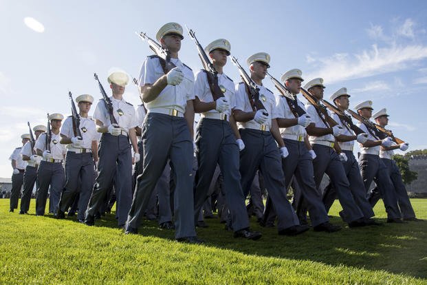 West Point cadets march in a Pass-in-Review ceremony