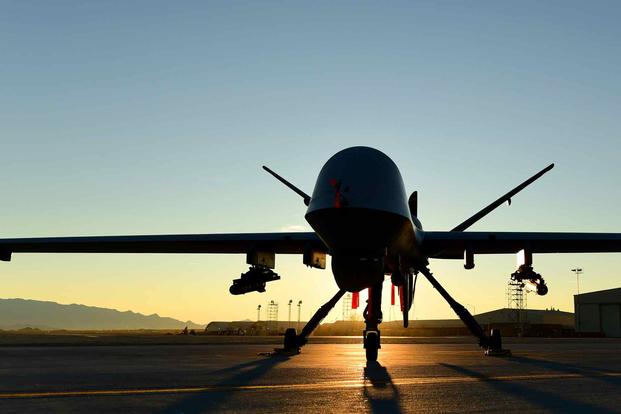 An MQ-9 Reaper sits on the flight line at Creech Air Force Base