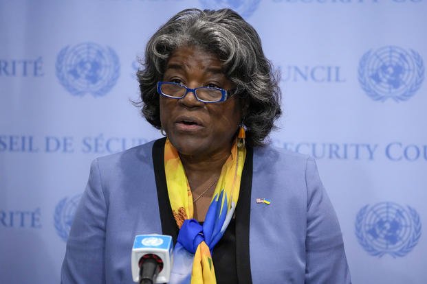 Linda Thomas-Greenfield, United States Ambassador to the United Nations, speaks after a meeting. 
