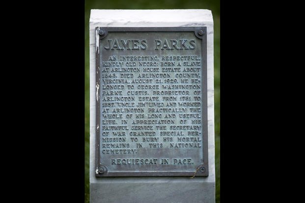 The grave marker of James Parks is seen in Arlington National Cemetery.