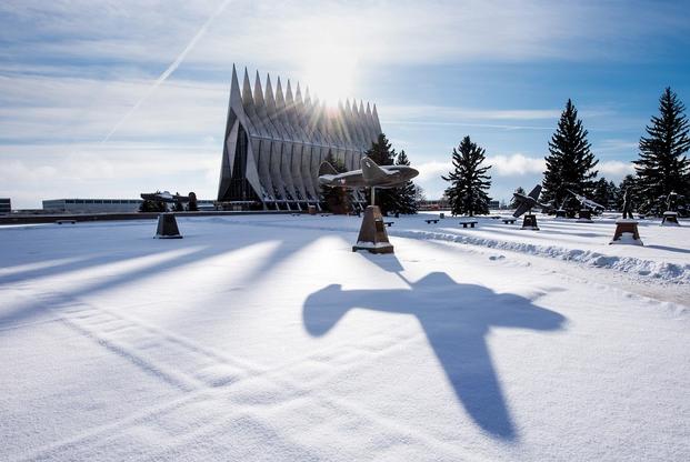 A static display at the U.S. Air Force Academy is covered in frost and snow on Nov. 27, 2019 after a snowstorm impacted the region the day before.