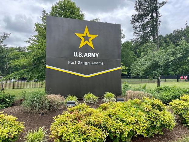 A sign reflecting the new Army logo and the name of the newly-redesignated Fort Gregg-Adams is pictured near the installation's Gregg Gate May 19, 2023.