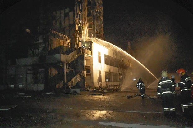 Fire in a hotel at the seaport after a Russian rocket attack in Odesa