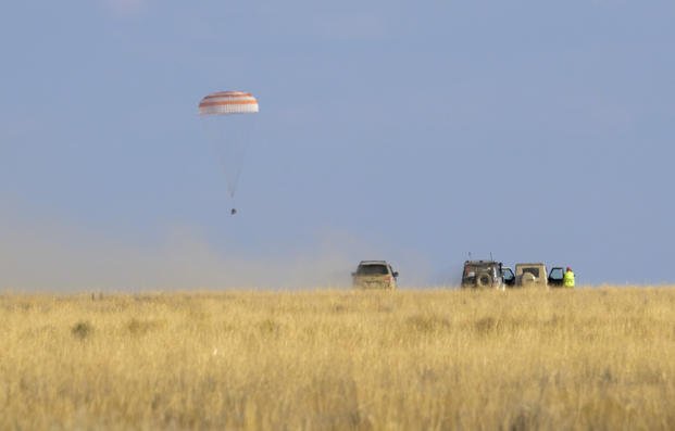 The Soyuz MS-23 spacecraft lands in a remote area near the town of Zhezkazgan, Kazakhstan