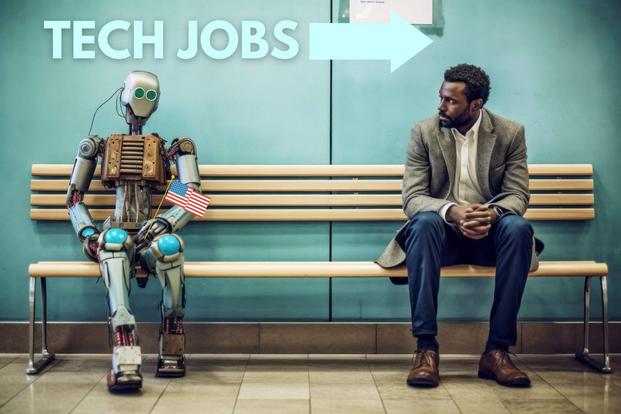 robot and man sitting on bench
