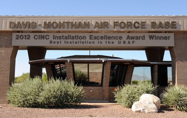 The 2012 Commander-in-Chief Installation Excellence Award banner hangs under the Craycroft gate on Davis-Monthan Air Force Base, Ariz., June 19, 2012.