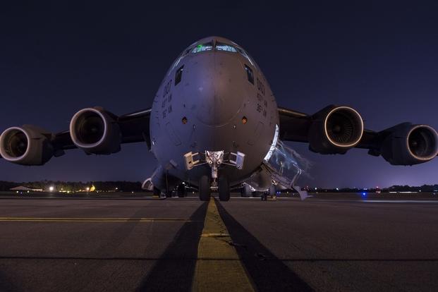 A U.S. Air Force C-17 Globemaster III sits on the flightline at Joint Base Charleston, S.C., Oct. 5, 2016. 