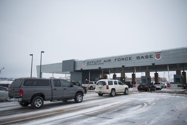 Cars wait in lanes to enter the U.S. Strategic Command gate March 7, 2019, on Offutt Air Force Base.