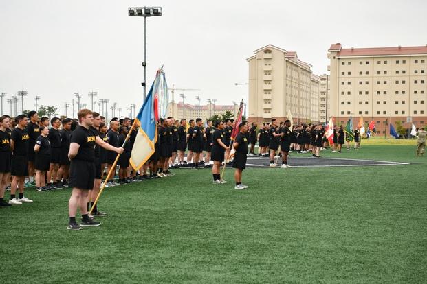 U.S. Army and Korean Augmentation To the U.S. Army (KATUSA) Soldiers participate in the 2023 KATUSA/U.S. Soldier Friendship Week closing ceremony at Robertson Field on U.S. Army Garrison Humphreys, June 2, 2023.