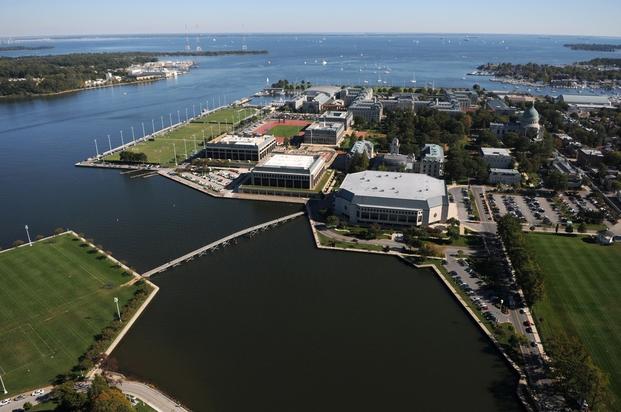 An aerial view of the United States Naval Academy in Annapolis, Maryland.