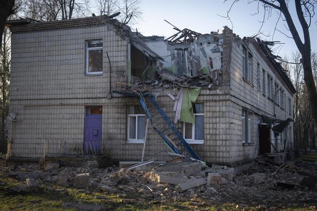 A damaged kindergarten following a Russian drone attack in Kyiv, Ukraine.