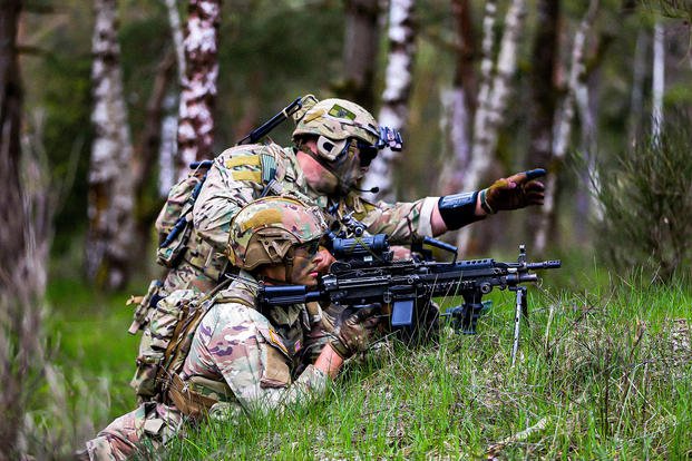 U.S. soldiers assigned to 1st Squadron, 2nd Cavalry Regiment execute platoon-level maneuver live fire exercises in the Grafenwoehr Training Area