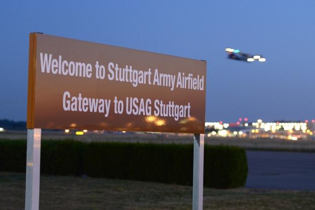 One of the first aircraft of the day prepares to land at the Stuttgart Airfield, Stuttgart, Germany, Aug. 4, 2015.