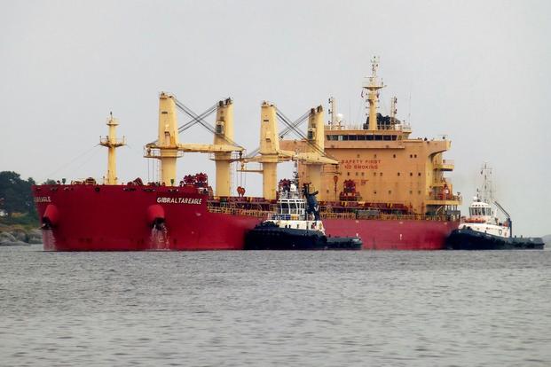 The bulk carrier Gibraltar Eagle is seen off Kristiansand, Norway.