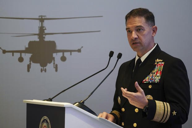U.S. Navy Vice Adm. Brad Cooper, who heads the Navy's Bahrain-based 5th Fleet, speaks