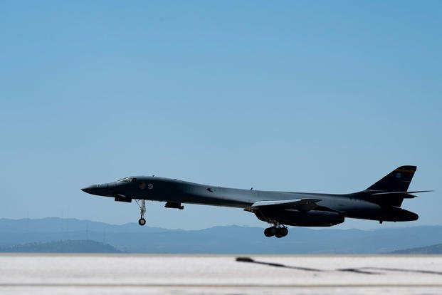 Air Force B-1B Lancer assigned to the 28th Bomb Wing prepares to land at Ellsworth Air Force Base