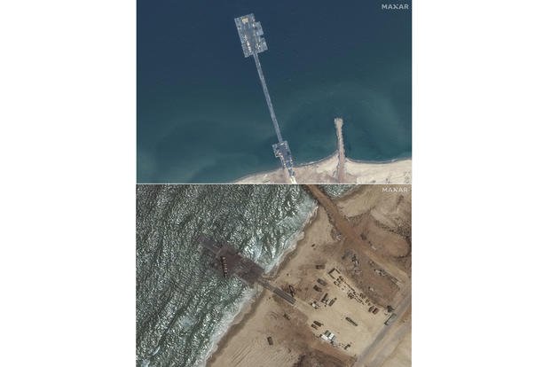 newly completed pier in the Gaza Strip, top, and the remaining section of the temporary pier