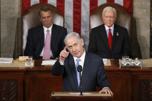 Israeli Prime Minister Benjamin Netanyahu gestures in his speech to Congress. 