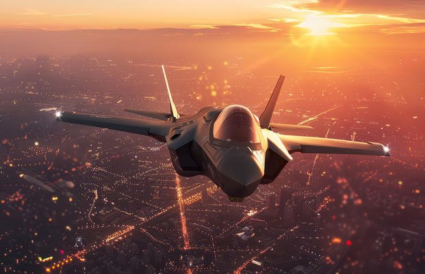 Illustration of F-35 flying at sunset