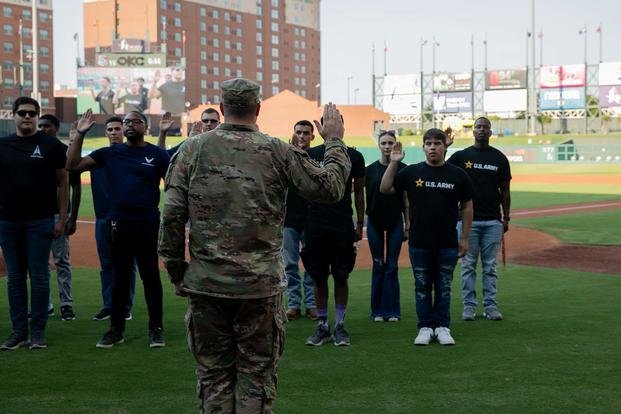 Oath of enlistment at the Chickashaw Bricktown Ballpark in Oklahoma City