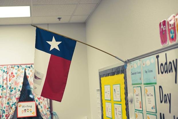 Texas flag hangs in a classroom