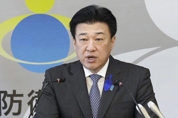 Japanese Defense Minister Minoru Kihara speaks during a press conference at his ministry in Tokyo.