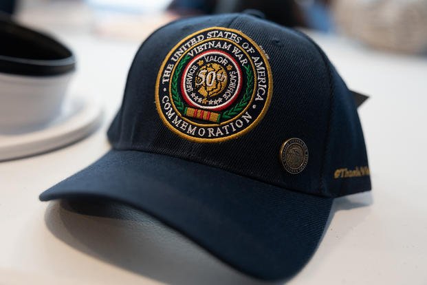 A Vietnam War commemoration hat sits on a table at the Veterans Village Philadelphia, Bernard Spain Campus, during Navy Marine Corps Week, Philadelphia, Pa.