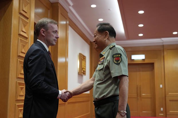 Zhang Youxia, vice chairman of the CPC Central Military Commission, and Jake Sullivan