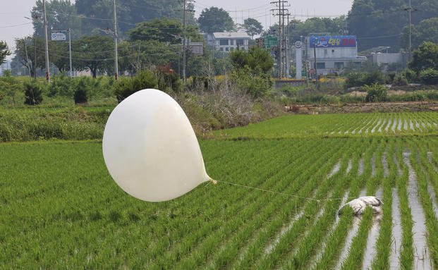 A balloon presumably sent by North Korea, is seen in a paddy field in Incheon, South Korea.