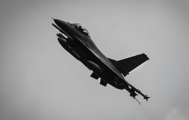 The Ukrainian Air Force's F-16 fighter jet flies in an undisclosed location in Ukraine.