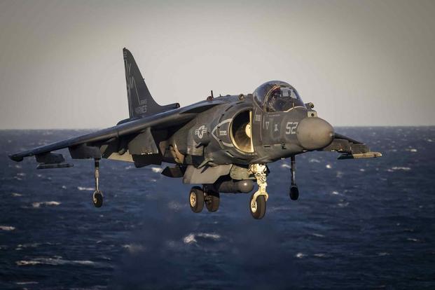 U.S. Marine Corps AV-8B prepares to land aboard the USS Wasp