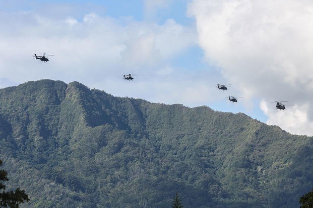 U.S. Army helicopters, assigned to the 25th Combat Aviation Brigade, fly in formation during the 25th Infantry Division Review over Schofield Barracks, Hawaii