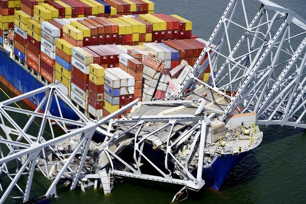 Cargo ship Dali stuck under the structure of the Francis Scott Key Bridge