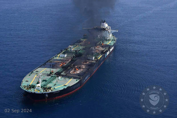 Greek-flagged oil tanker Sounion burning in the Red Sea