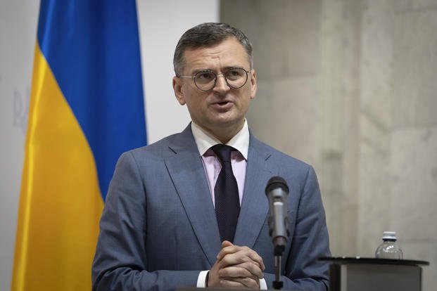 Ukrainian Foreign Minister Dmytro Kuleba speaks during a joint press conference