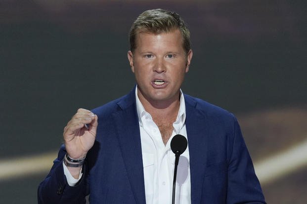 Tim Sheehy speaking during the second day of the Republican National Convention in Milwaukee. 