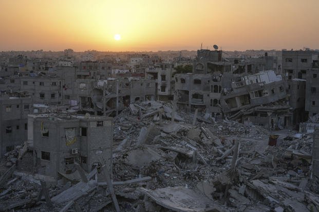 Destruction left by the Israeli air and ground offensive is seen in Khan Younis, Gaza Strip