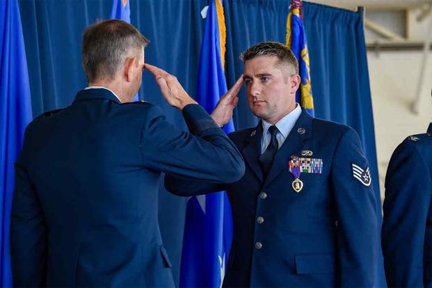 U.S. Air Force Staff Sgt. Michael Byrne is awarded the Purple Heart