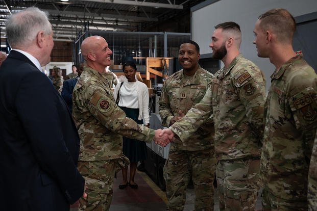 Chief Master Sergeant of the Air Force David Flosi greets airmen preparing to depart for Exercise Agile Reaper at Joint Base Pearl Harbor-Hickam, Hawaii.