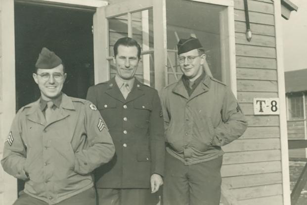 Rudolph Pins (right) is shown with 2 other soldiers stationed at Fort Hunt, Virginia, during World War II. 