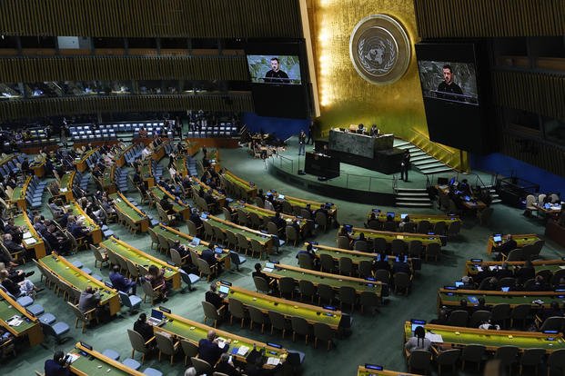 Ukraine's President Volodymyr Zelenskyy addresses the 79th session of the United Nations General Assembly