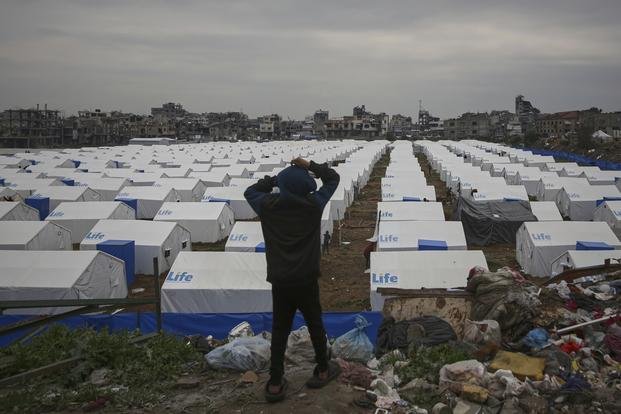 A boy looks over a newly established tent camp for displaced Palestinians.