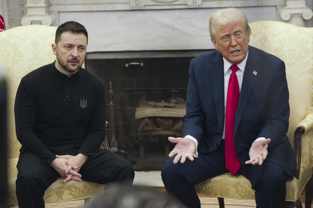 President Donald Trump, on the right, meets Ukrainian President Volodymyr Zelenskyy in the Oval Office of the White House