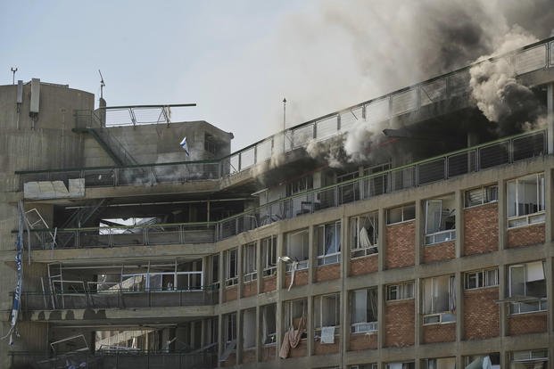 Smokes rises from the Soroka hospital after it was hit by a missile fired from Iran.