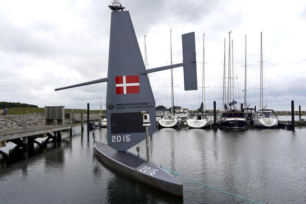 A Saildrone "Voyager", uncrewed surface vehicle (USV), is moored at the Koge Marina in Koge