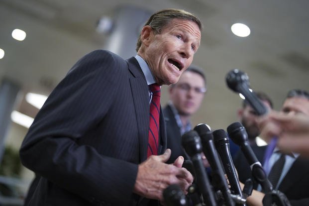 Sen. Richard Blumenthal talks to reporters