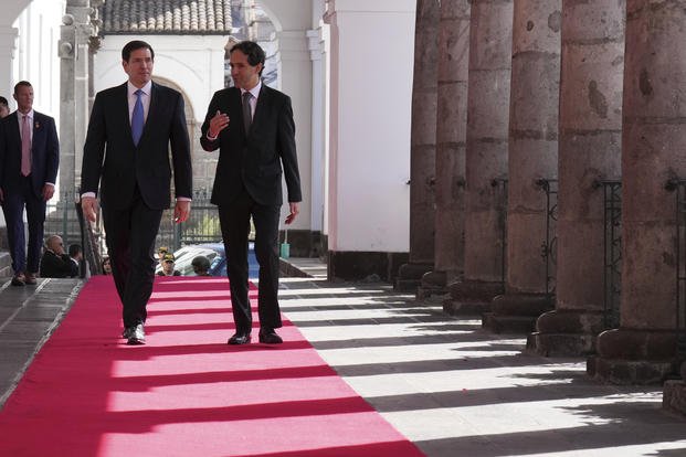 U.S. Secretary of State Marco Rubio, left, arrives to meet with Ecuador's President Daniel Noboa at the presidential palace in Quito, Ecuador