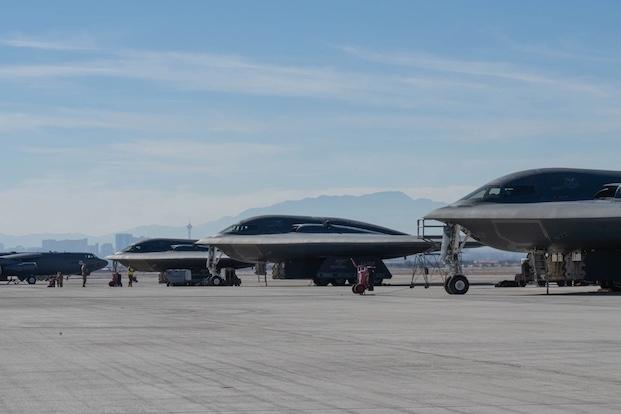 Two B-2 Spirit stealth bombers take flight at Nellis Air Force Base, Nev. on 16 Jan. for Red Flag 24-1. (U.S. Air Force Photo by Senior Airman Bryson Britt)