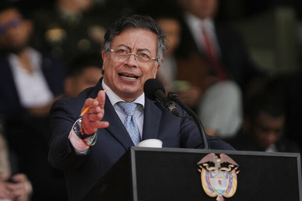 Colombian President Gustavo Petro speaks during the swearing-in ceremony of Gen. William Rincon as the new national police director in Bogota, Colombia, Friday, Oct. 24, 2025. (AP Photo/Ivan Valencia)